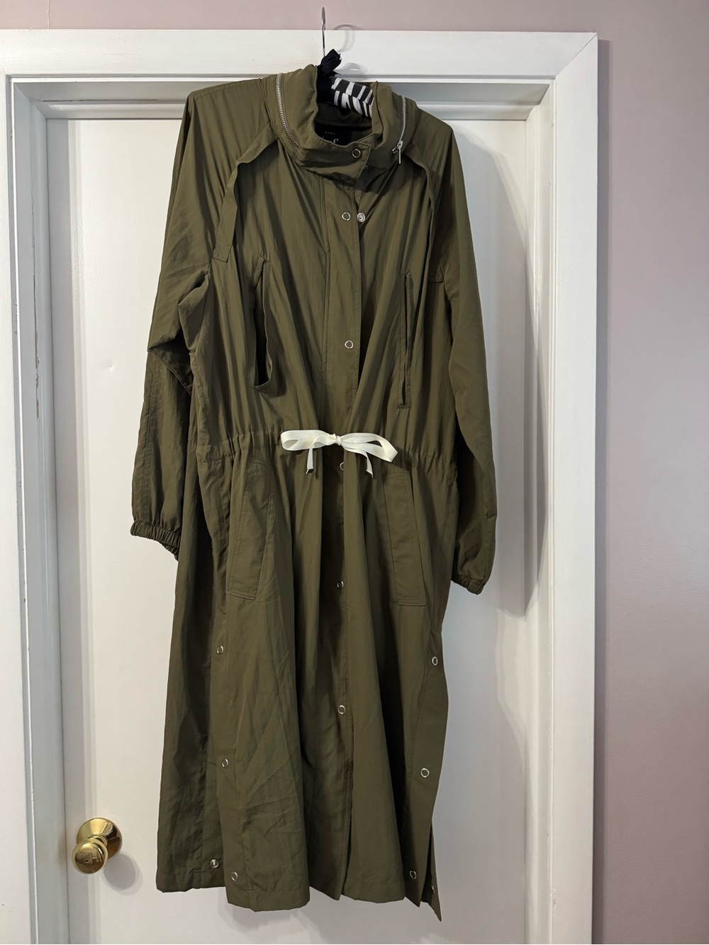 Olive Green Long Lightweight Drawstring Trench Coat